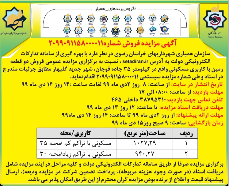  مزایده فروش دو قطعه زمین در گلبهار